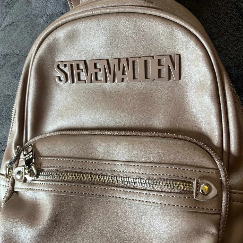 New Steve Madden Backpack Purse, Faux Leather, Silver Hardware, Taupe / Tan
